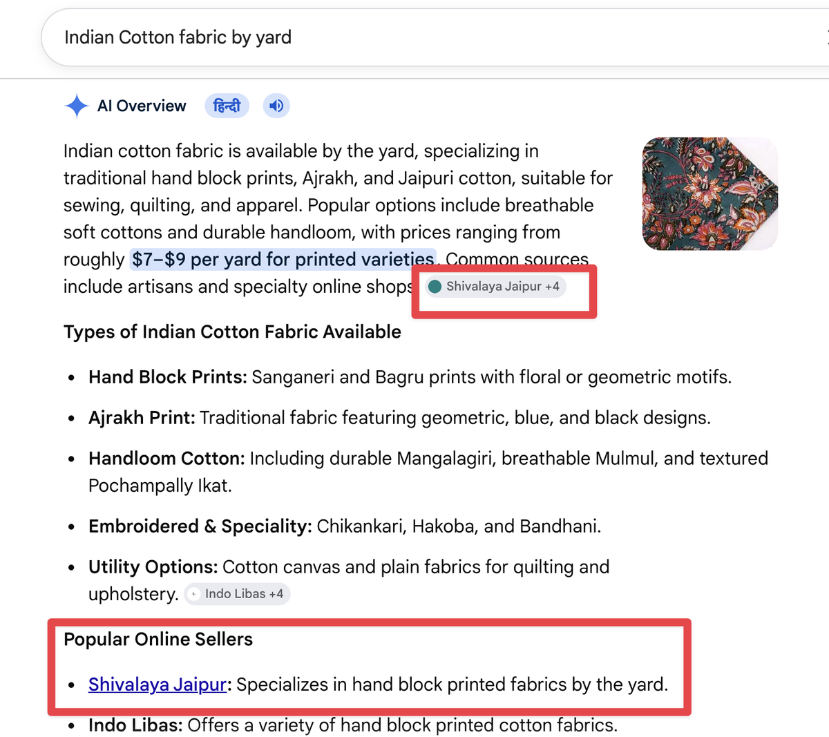 Shivalaya Jaipur featured in Google AI Overview for Indian Cotton fabric by yard