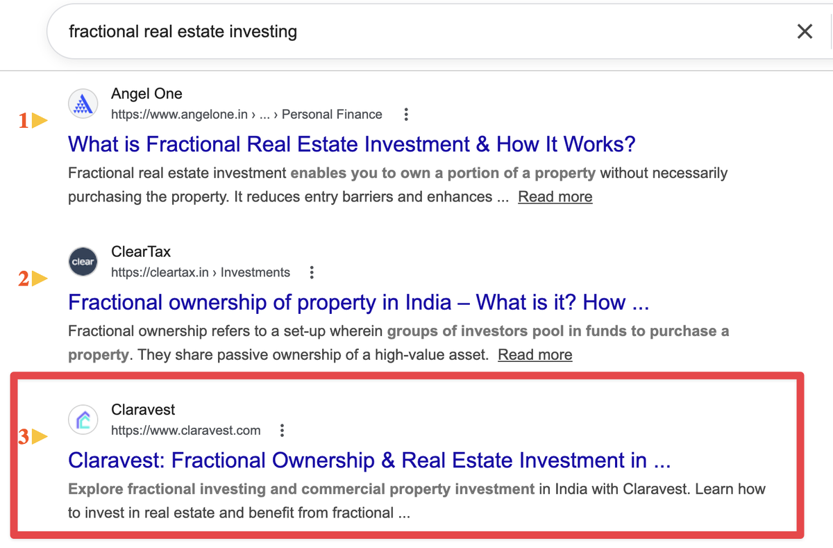 Claravest ranking #3 on Google for fractional real estate investing