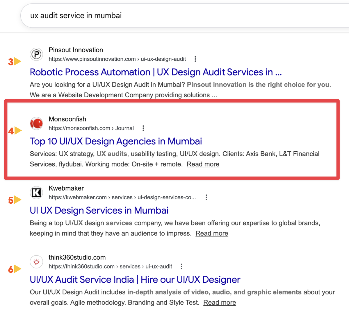 Monsoonfish ranking on Google for ux audit service in mumbai