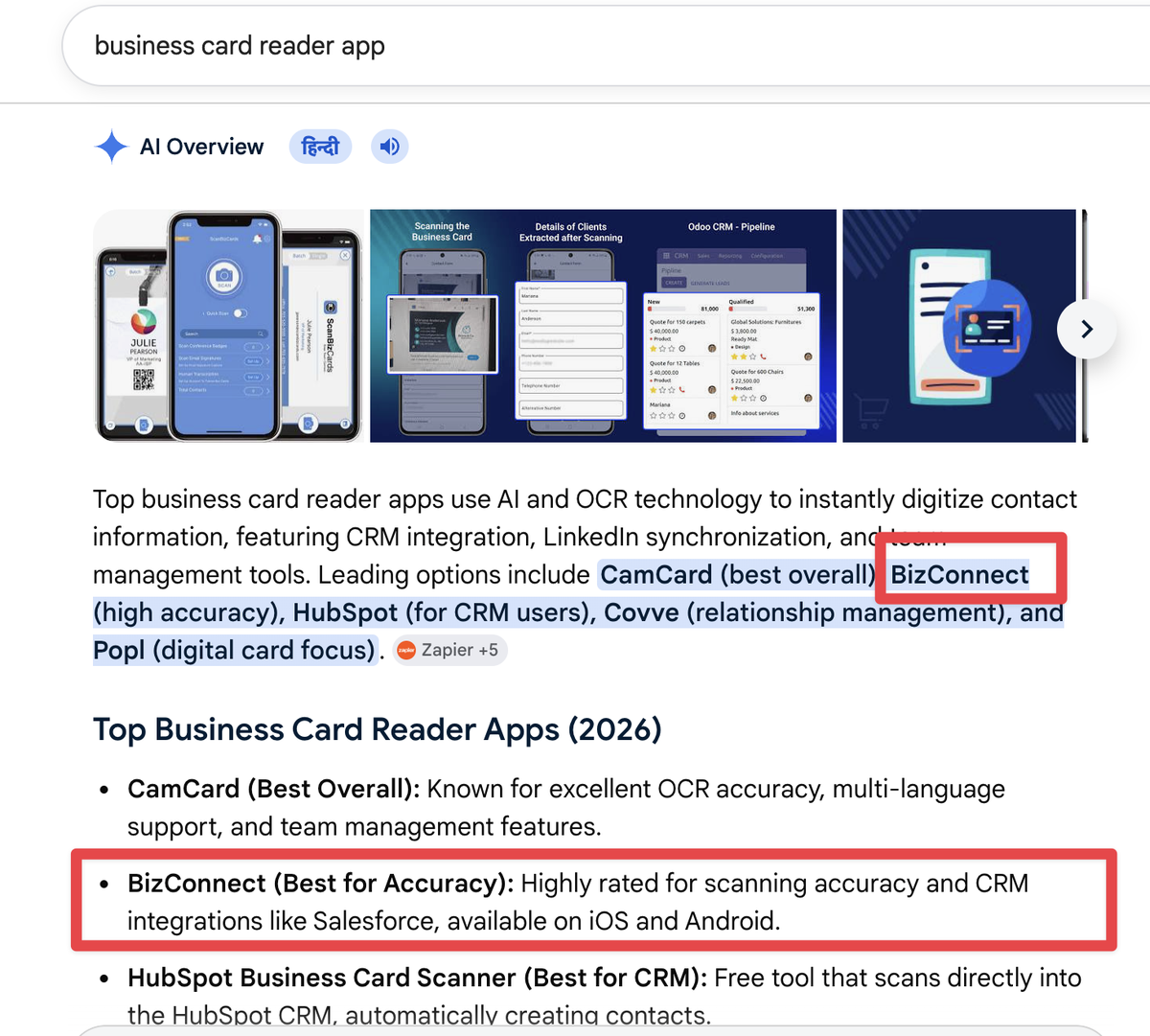 BizConnect featured in Google AI Overview for business card reader app