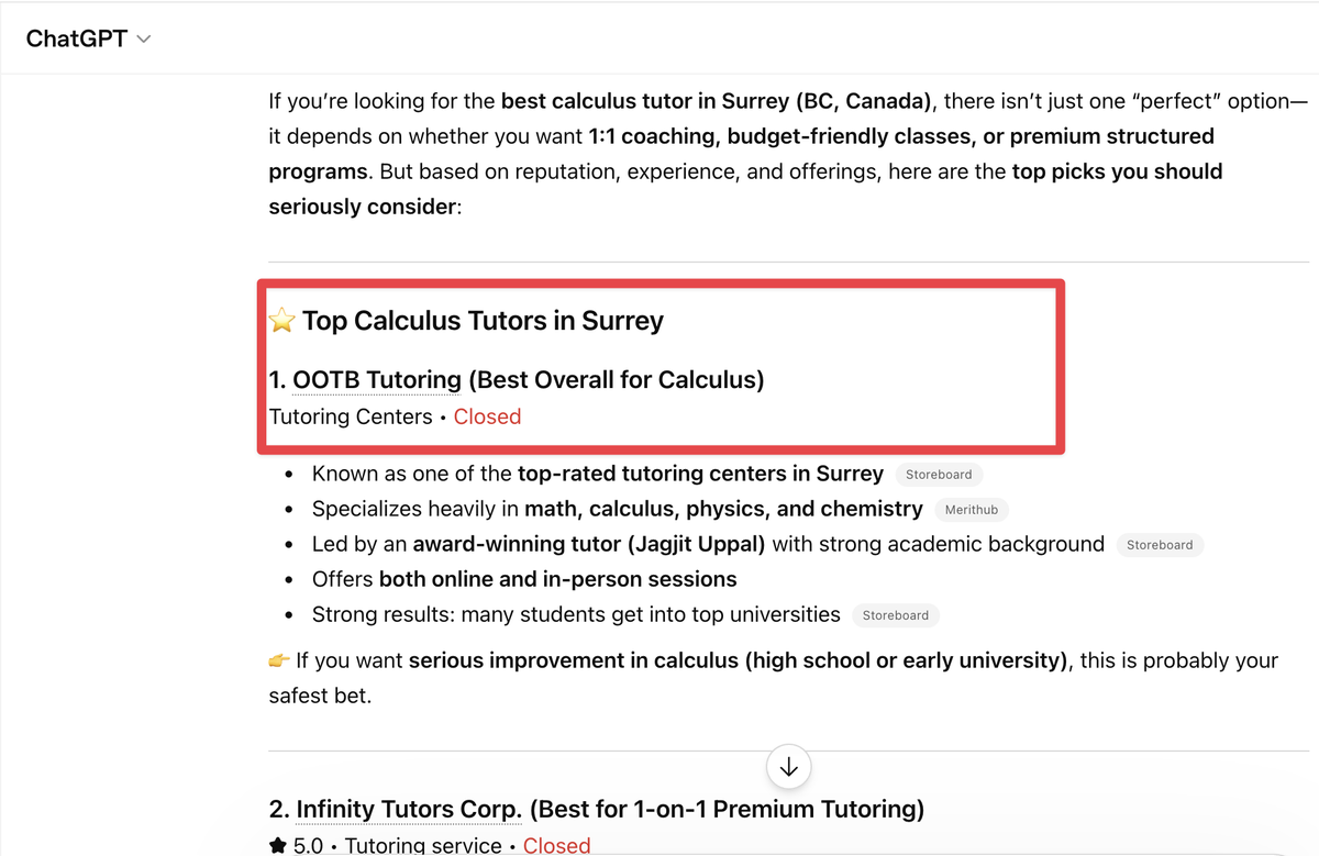 OOTB Tutoring featured in ChatGPT for best calculus tutor in surrey