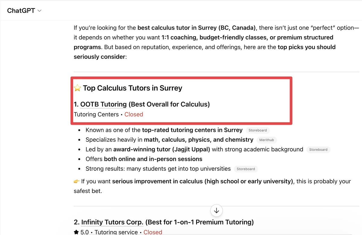 OOTB Tutoring featured in ChatGPT for best calculus tutor in surrey