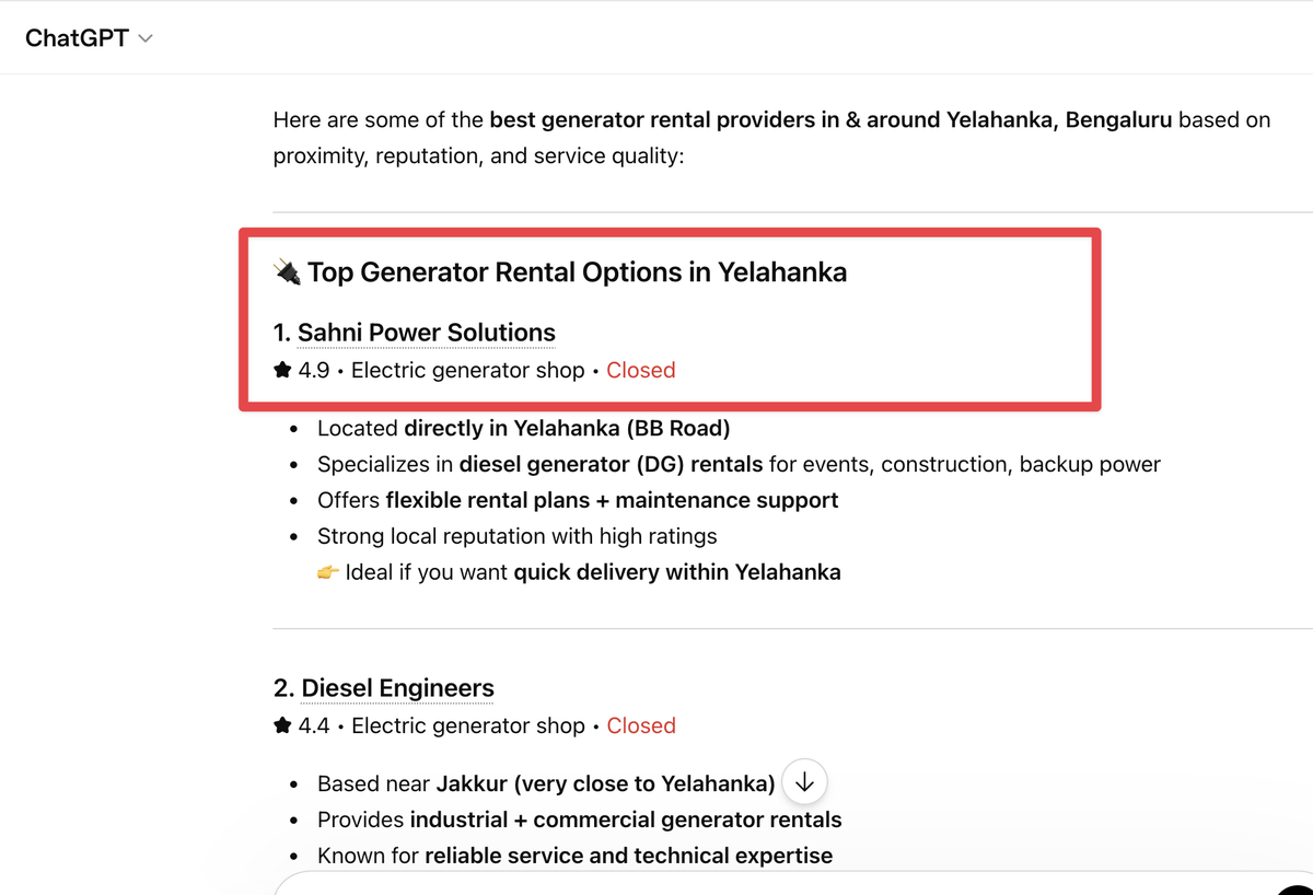 Sahni Power Solutions featured in ChatGPT for best generator rental in yelahanka bengaluru