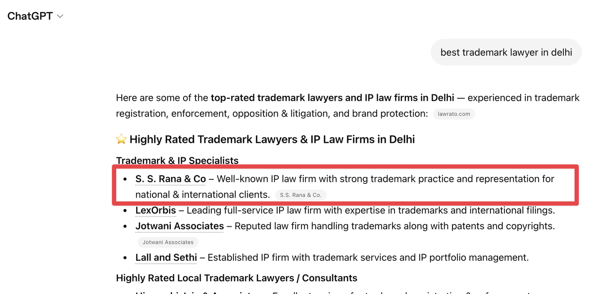 SS Rana & Co featured in Google AI Overview for best trademark lawyer in delhi
