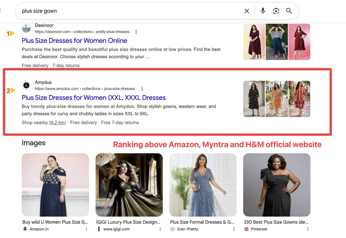 Amydus ranking #2 on Google for plus size gown — above Amazon, Myntra and H&M