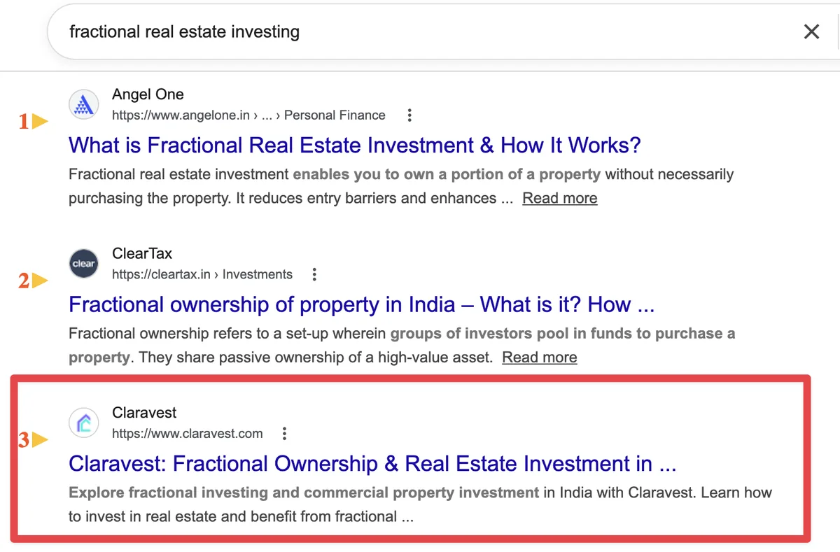 Claravest ranking #3 on Google for fractional real estate investing