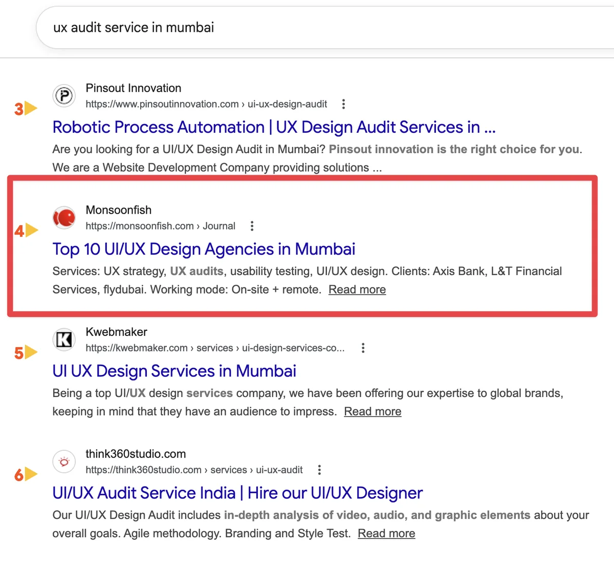 Monsoonfish ranking on Google for ux audit service in mumbai